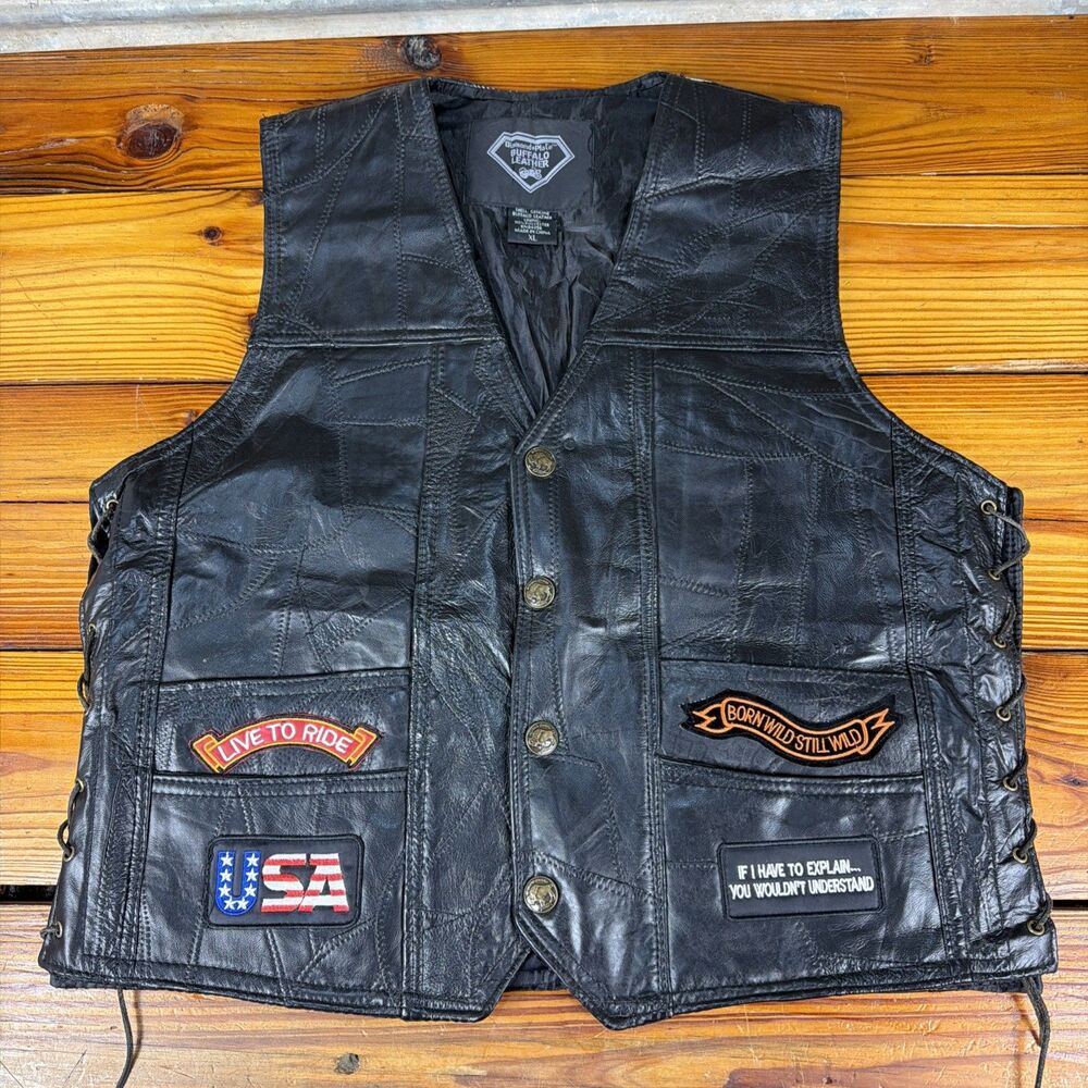 DIAMOND PLATE BUFFALO LEATHER BLACK BUTTON UP BIKER VEST WITH PATCHES XL